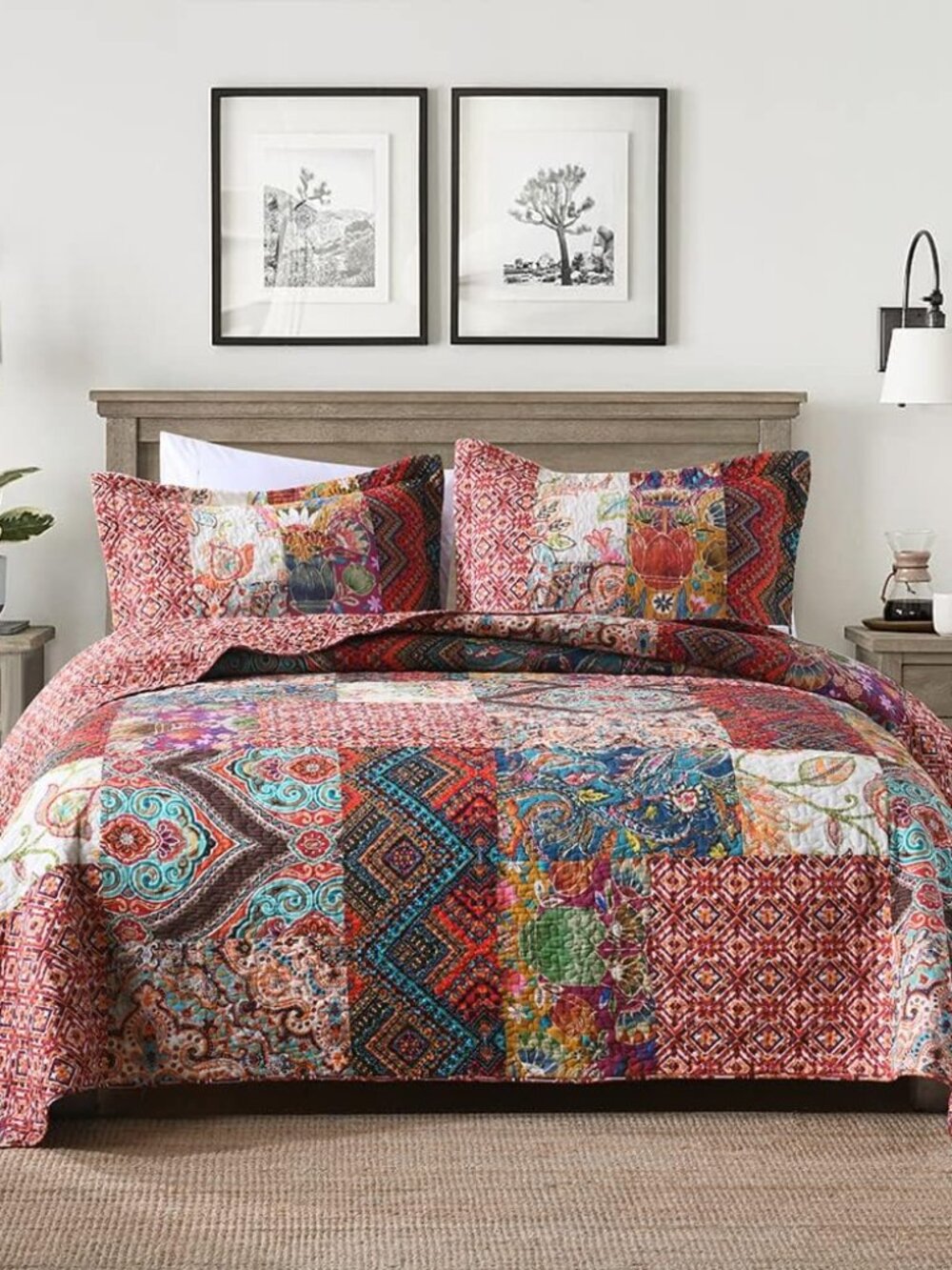 Cotton Patchwork Bedspread Quilt Sets, Reversible Bedding Coverlet Sets, Red Vin